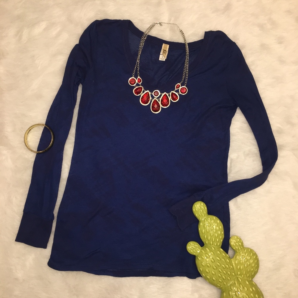 BKE Blue Burnout Long Sleeve V Neck Shirt